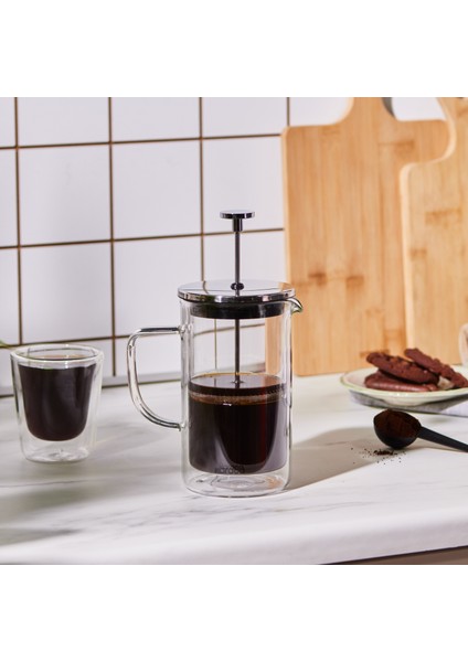 Pia Kaşık Hediyeli Çift Cidarlı Borosilikat Cam Metalik French Press 600 ml