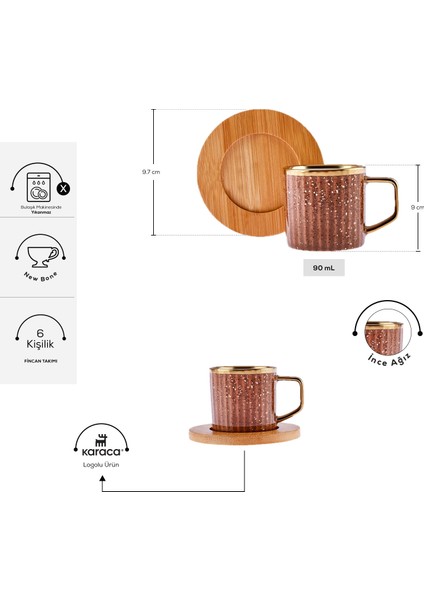 Bambu Tepsi Hediyeli 6 Kişilik Renkli Kahve Fincan Takımı 90 ml