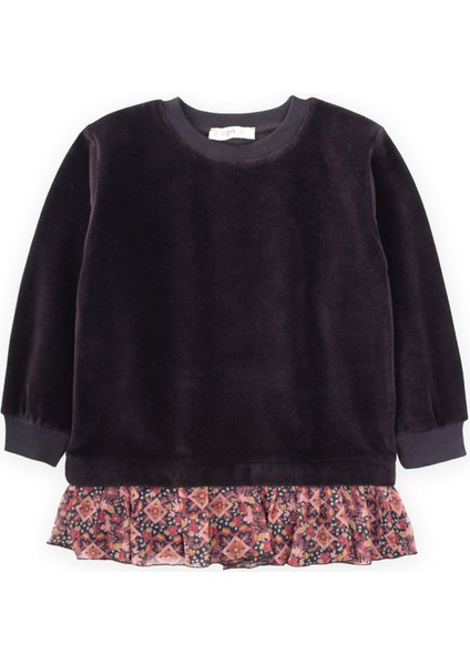 Garnili Kadife Kız Sweatshirt 2-12 Yaş Siyah