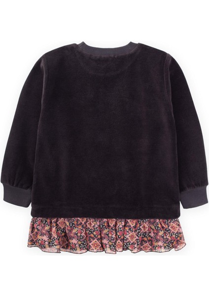 Garnili Kadife Kız Sweatshirt 2-12 Yaş Siyah