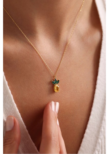 925 Ayar Gümüş Gold Kaplama Sitrin Taşlı Ananas Kolye modelleri