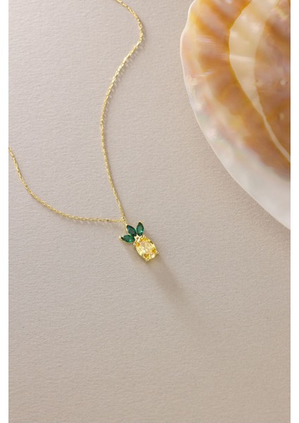 925 Ayar Gümüş Gold Kaplama Sitrin Taşlı Ananas Kolye fırsatları