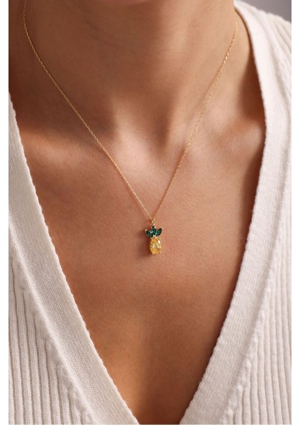 925 Ayar Gümüş Gold Kaplama Sitrin Taşlı Ananas Kolye indirimleri