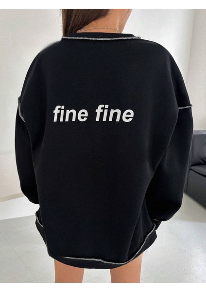 Kadın Mod 1984 Baskılı Bol Kesimli Reglan Kollu Kapüşonlu Lacivert Sweatshirt