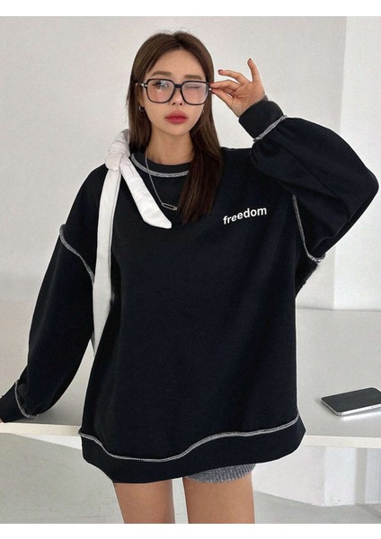 Kadın Mod 1984 Baskılı Bol Kesimli Reglan Kollu Kapüşonlu Lacivert Sweatshirt modelleri