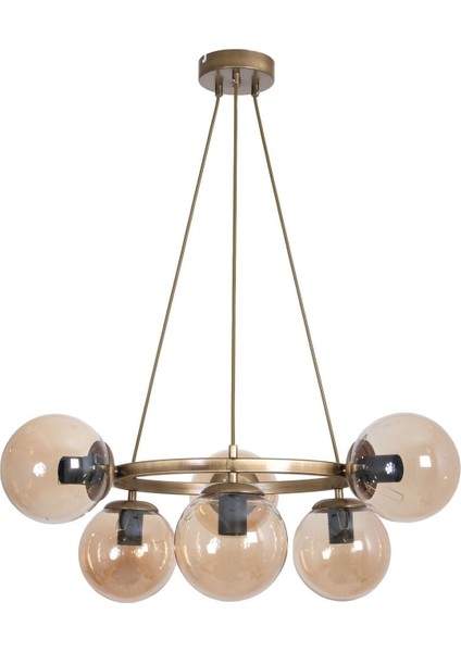 Modern altıli bal renkli camlı metal avize, şık ve zarif tasarım.