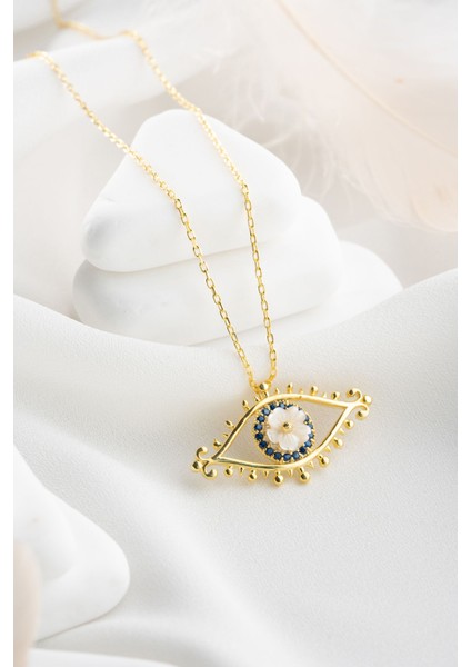 925 Ayar Gümüş Gold Kaplama Manolya Çiçeği Detay Nazar Göz Kolye fiyatları