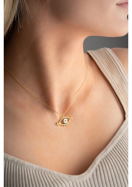 925 Ayar Gümüş Gold Kaplama Manolya Çiçeği Detay Nazar Göz Kolye modelleri