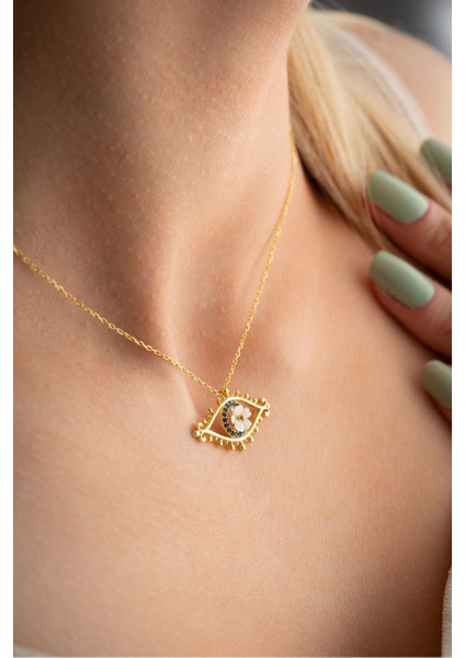 925 Ayar Gümüş Gold Kaplama Manolya Çiçeği Detay Nazar Göz Kolye indirimleri