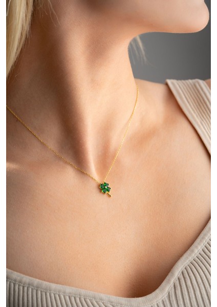 925 Ayar Gümüş Gold Kaplama Yeşil Taşlı Yonca Kolye indirimleri