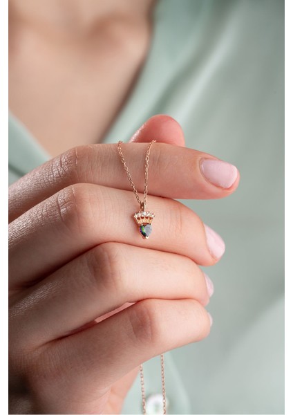 925 Ayar Gümüş Mistik Topaz Taşlı Minimal Kral Tacı Kolye