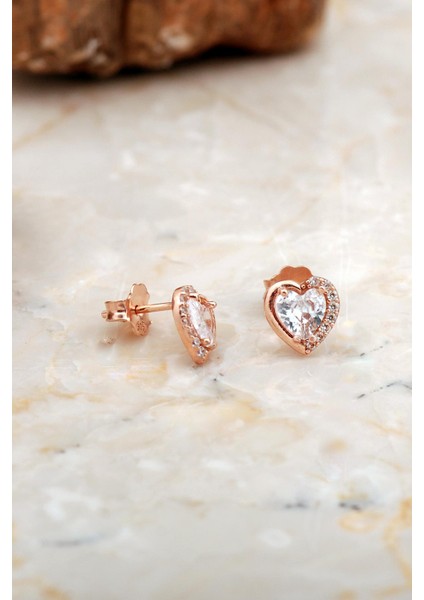 Kalp Mini Rose Gümüş Küpe 6930