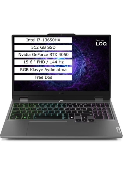 Loq 15IRX9 Intel Core I7 13650HX 8gb 512GB SSD 6gb RTX4050 Freedos 15.6" Fhd  Taşınabilir Bilgisayar 83DV00G7TR