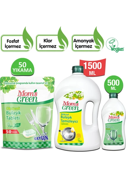 Mom's Green 3'lü Set - 50 Yıkama Bulaşık Makinesi Tableti- Limonlu Elde Bulaşık Temizleyicisi 1500 ml-Bulaşık Makinesi Parlatıcısı