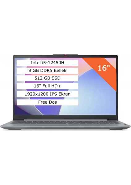 Ideapad Slim 3 Intel Core I5-12450H 8gb 512GB SSD 16" Wuxga (1920X1200) IPS Panel Freedos Taşınabilir Bilgisayar 83ES002ETR