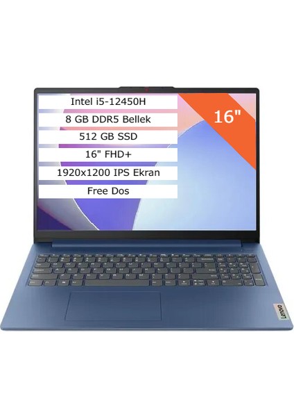 Ideapad Slim 3 Intel Core I5-12450H 8gb 512GB SSD 16" Wuxga (1920X1200) IPS Panel Freedos Taşınabilir Bilgisayar 83ES002FTR