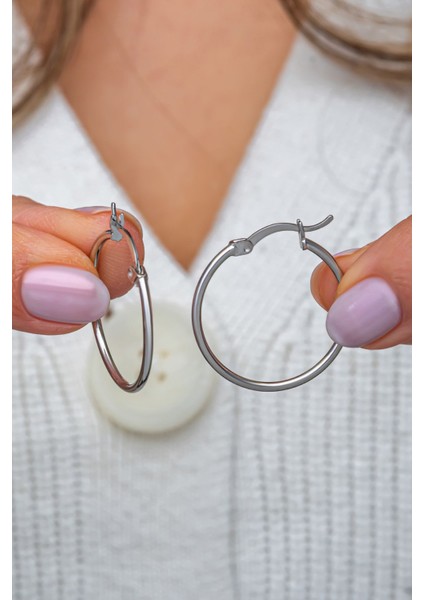 925 Ayar Gümüş Rodyum Kaplama 25 mm Sade Halka Küpe