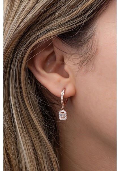 925 Ayar Gümüş Rose 10 mm Halka Sallantılı Baget Taşlı Küpe modelleri