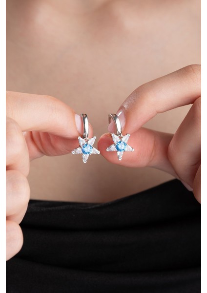 925 Ayar Gümüş 12 mm Halka Aquamarin Taşlı Yıldız Küpe