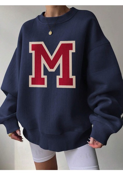 Kadın M Harfli Baskılı Navy Mavi Sweatshirt