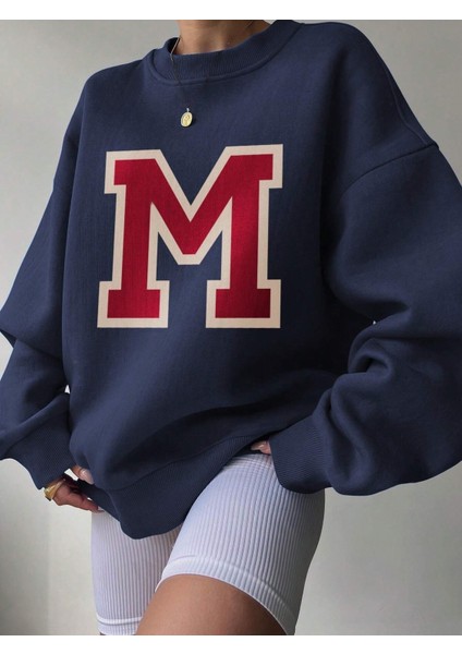 Kadın M Harfli Baskılı Navy Mavi Sweatshirt fiyatları