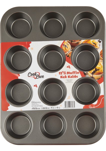 Cook Love 12'li Çelik Muffin Kalıbı - Siyah - 35X26 cm