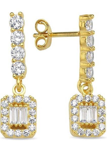 925 Ayar Gümüş Gold Kaplama Çubuk Model Baget Tektaş Küpe