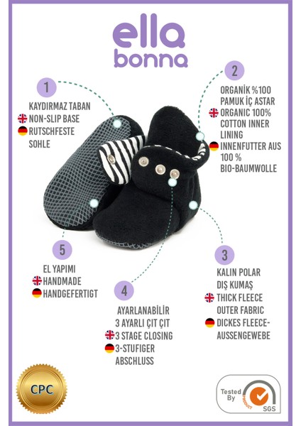 Polar Bebek Pandufu, Kaydırmaz Taban, Organik Pamuk Astarlı, İlk Adım Ev Patiği, Siyah modelleri