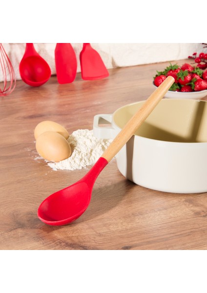 Cook Love Silikon Başlıklı Ahşap Kaşık - Renkli - 32 cm