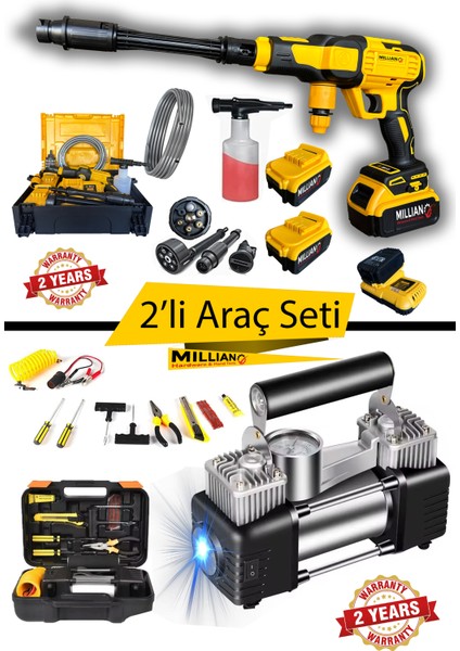 Basınçlı 10 Pilli Çift Akülü Şarjlı Oto Yıkama Makinesi + Çift Pistonlu 12 V Kompresör ve Tamir Seti