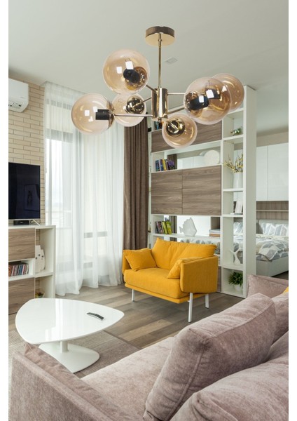 Tekno Trust Oscar Modern Lüks Tasarım Altın Renk Kasa Bal Camlı Salon - Mutfak - Yatak Odası 6 Lı Avize