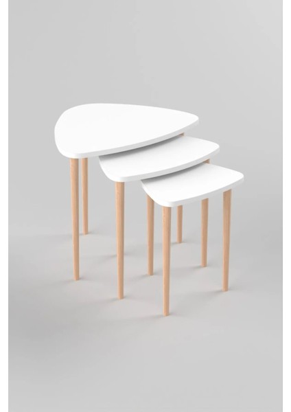 3'lü Üçgen Şeklinde Zigon Sehpa Gürgen Ham Ahşap Ayaklı Demonte Kolay Kurulum Beyaz