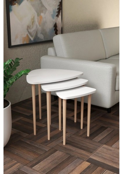 3'lü Üçgen Şeklinde Zigon Sehpa Gürgen Ham Ahşap Ayaklı Demonte Kolay Kurulum Beyaz fiyatları