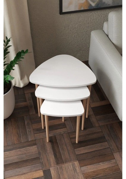 3'lü Üçgen Şeklinde Zigon Sehpa Gürgen Ham Ahşap Ayaklı Demonte Kolay Kurulum Beyaz indirimleri