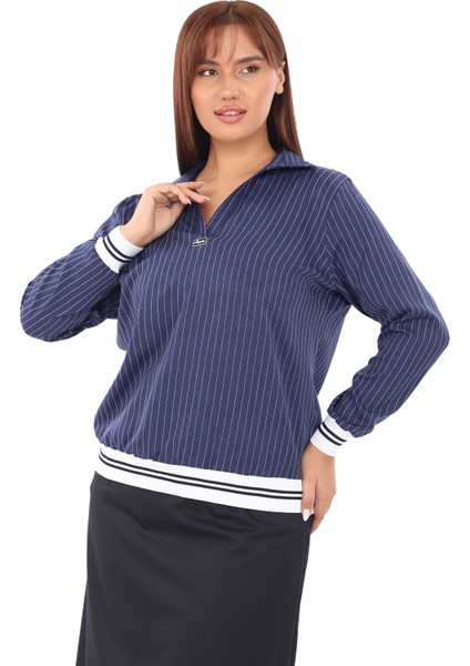 Yakalı Büyük Beden Çizgili Bluz