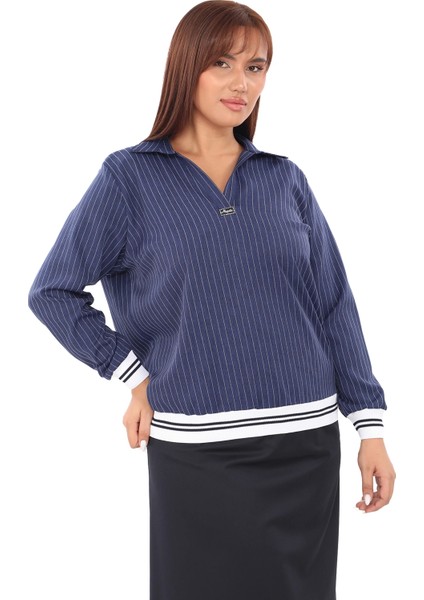 Yakalı Büyük Beden Çizgili Bluz fırsatları