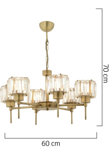 6'lı modern kristal avize, metal malzeme, 70x60 cm, 6 ampüllü, şık tasarım modelleri