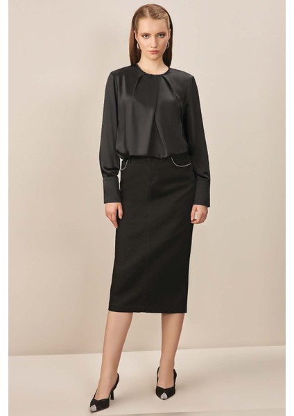 Uzun Kollu Siyah Saten Bluz