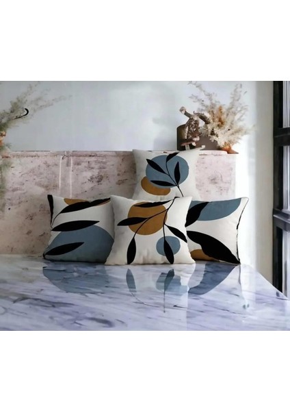 Sade Modern Tasarımlı Mavi Yapraklar Desenli 4 Lü Kombin Dijital Baskılı Kırlent