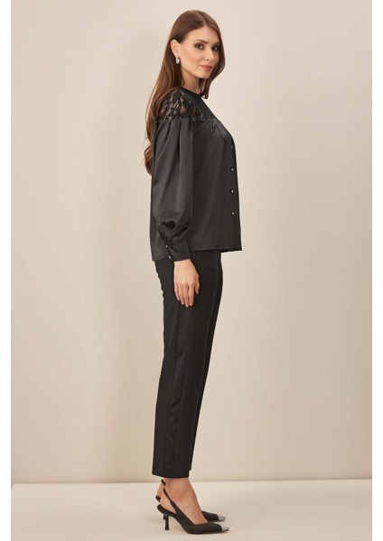 Yuvarlak Yaka Siyah Saten Bluz modelleri