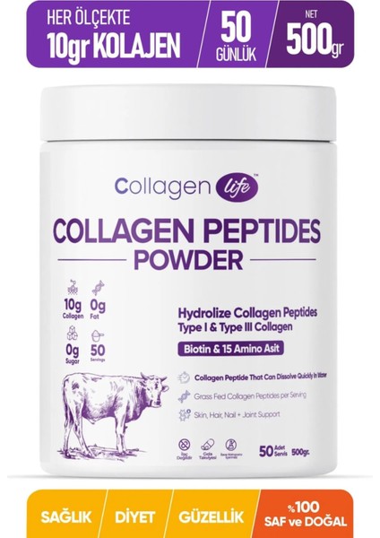 Collagen Life %100 Hidrolize Kolajen Peptitler Biotin ve 15 Amino Asit İçeren Gıda Takviyesi 50 Günlük