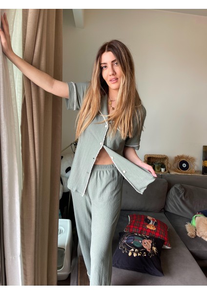Khaki Green Gömlek Pantolon Pijama Takımı