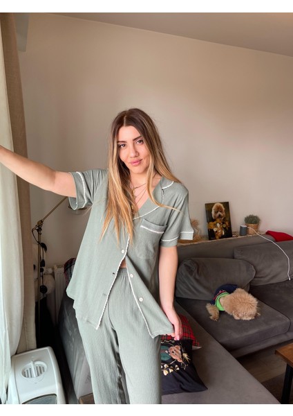 Khaki Green Gömlek Pantolon Pijama Takımı