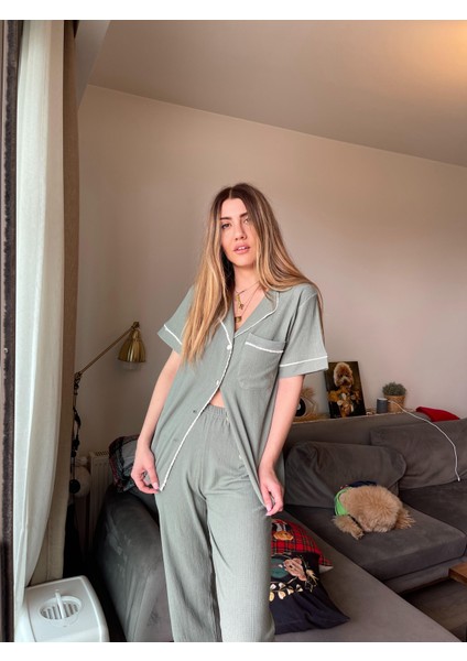 Khaki Green Gömlek Pantolon Pijama Takımı