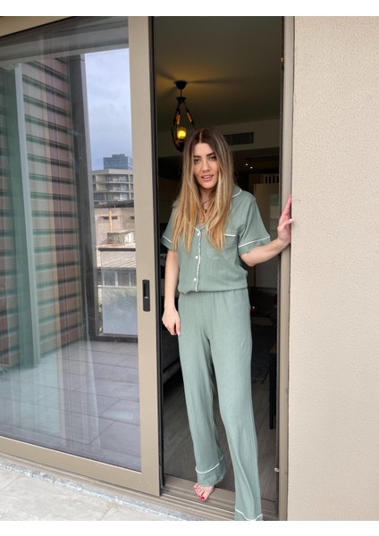 Khaki Green Gömlek Pantolon Pijama Takımı