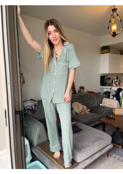 Khaki Green Gömlek Pantolon Pijama Takımı