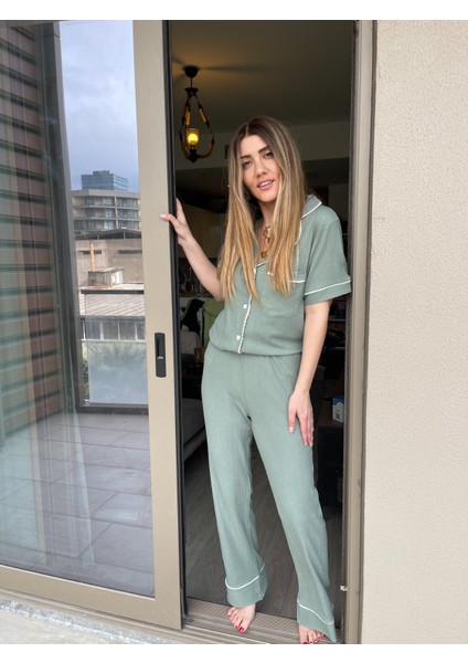 Khaki Green Gömlek Pantolon Pijama Takımı