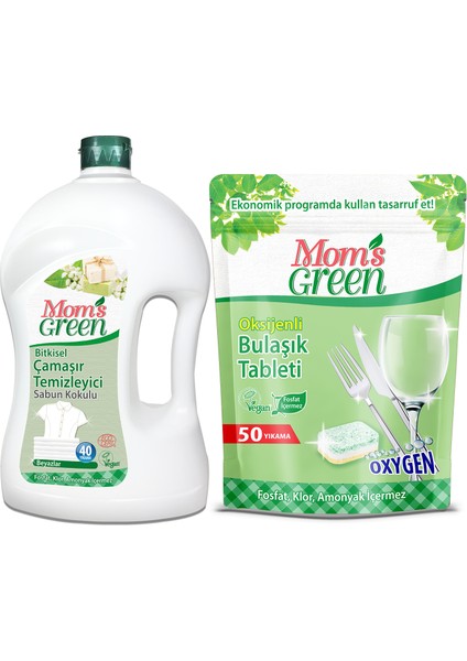 2'li Set - 50 Yıkama Oksijenli Bulaşık Makinesi Tableti - 1500 ml Bitkisel Çamaşır Deterjanı Sabun Kokulu Beyazlar İçin