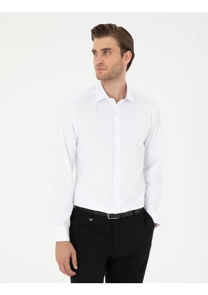 Pierre Cardin Erkek Beyaz Slim Fit Armürlü Uzun Kollu Gömlek 50298046-VR013