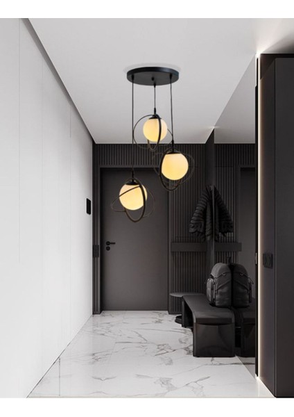 Tekno Trust Dünya 3 Lu Tepsi Glop Beyaz Rengi Camlı Siyah Avize. Salon, Mutfak, Genç, Odası, Yatak Odası, Mağaz